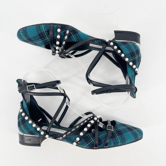 Jimmy Choo Celestia 25 Peacock Tartan Silver Studded Pearl Ballet Flat IT 37.5 - Picture 3 of 13